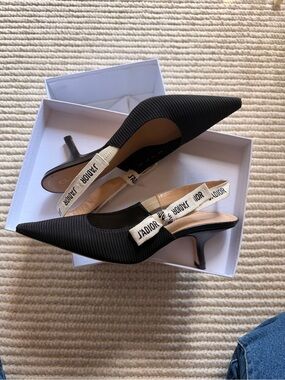 Dior Black Pointed-Toe Slingback Heels with Cream J'Adior Ribbon